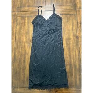 Vintage 70s 80s Black Lace Slip Dress Nylon Lingerie Nightgown Size 34 USA